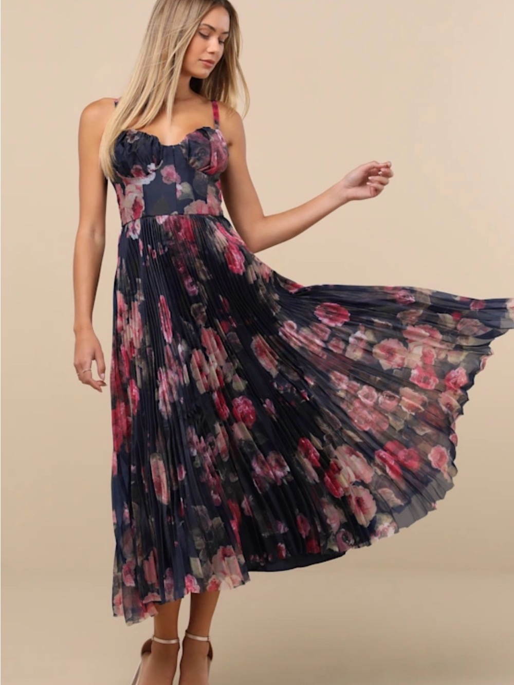 Lulu's Navy Floral Pleated Midi Dress with Pink Blooms